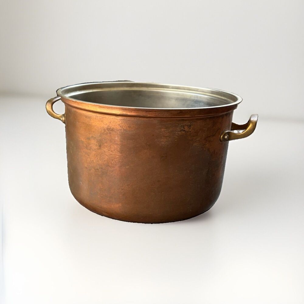 Vintage Copper Stock Pot Stainless Steel Lined Brass Handles 5.75" x 9.5" Patina - Picture 7 of 7